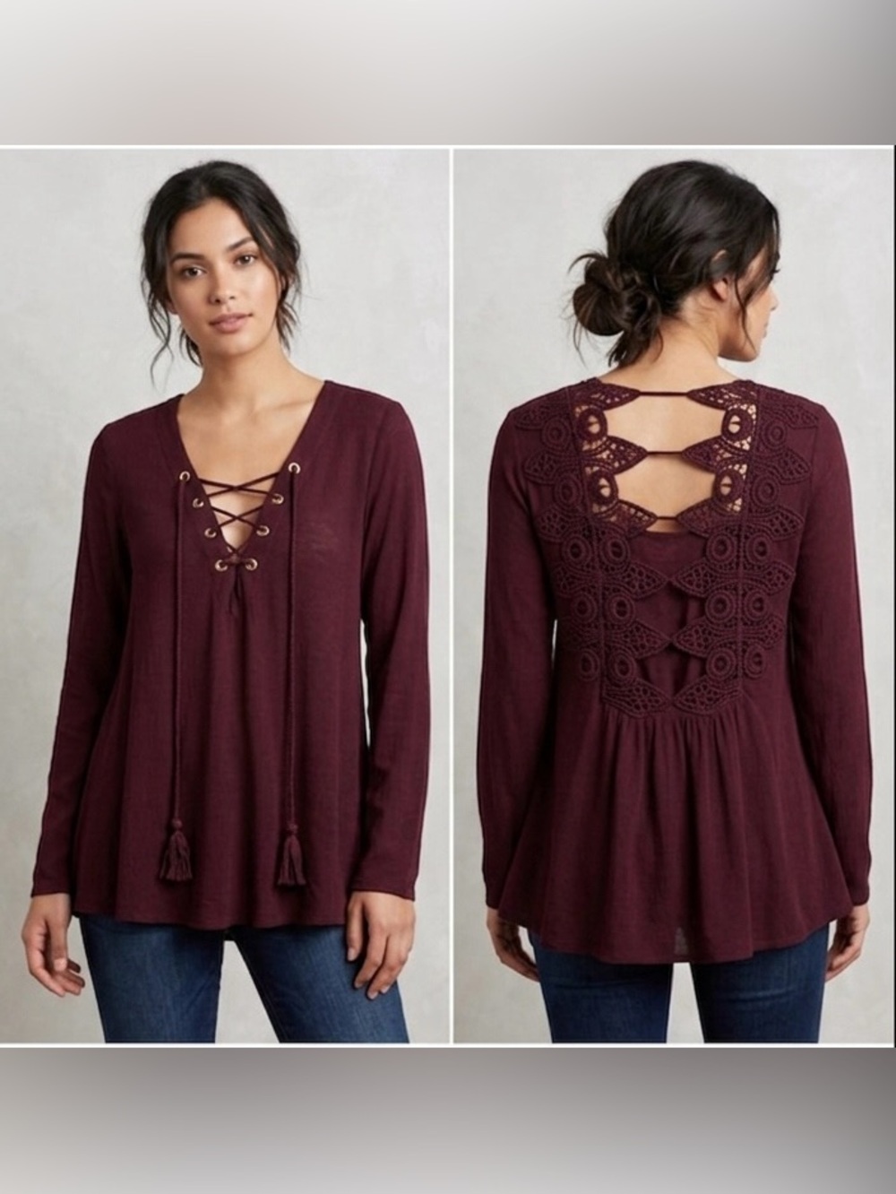 Taylor & Sage Boho Eggplant Tunic W/Lace-Up Detail